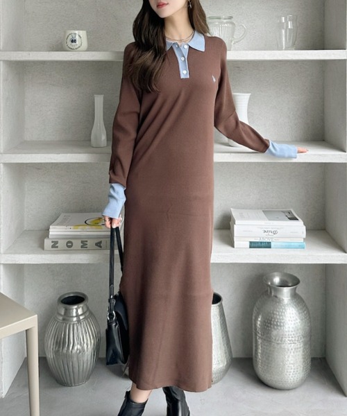 U.S. POLO ASSN.（ユーエスポロアッスン）の「【Ada.別注 U.S. POLO ASSN】配色デザイン ポロ襟 ニットワンピース（ワンピース・レディース・ブラック/グレー/ブラウン・L/M）」の14枚目の写真