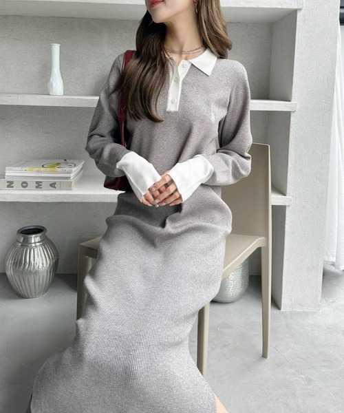 U.S. POLO ASSN.（ユーエスポロアッスン）の「【Ada.別注 U.S. POLO ASSN】配色デザイン ポロ襟 ニットワンピース（ワンピース・レディース・ブラック/グレー/ブラウン・L/M）」の15枚目の写真