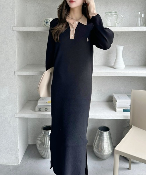 U.S. POLO ASSN.（ユーエスポロアッスン）の「【Ada.別注 U.S. POLO ASSN】配色デザイン ポロ襟 ニットワンピース（ワンピース・レディース・ブラック/グレー/ブラウン・L/M）」の5枚目の写真