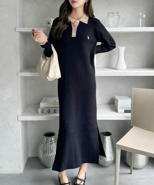 U.S. POLO ASSN.（ユーエスポロアッスン）の「【Ada.別注 U.S. POLO ASSN】配色デザイン ポロ襟 ニットワンピース（ワンピース・レディース・ブラック/グレー/ブラウン・L/M）」の4枚目の写真