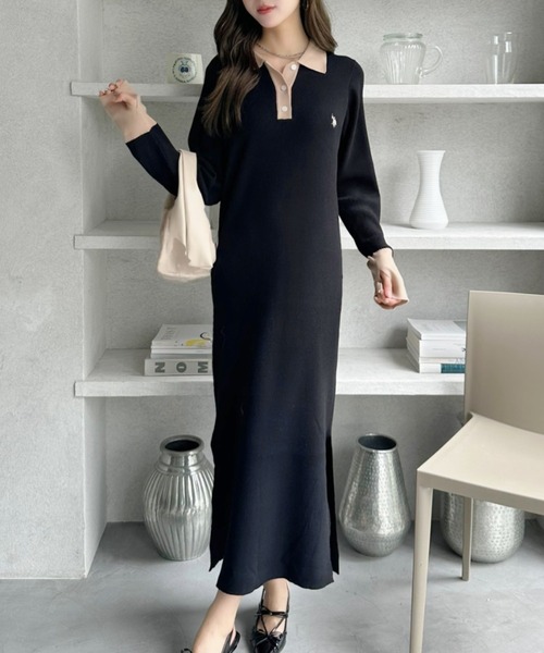 U.S. POLO ASSN.（ユーエスポロアッスン）の「【Ada.別注 U.S. POLO ASSN】配色デザイン ポロ襟 ニットワンピース（ワンピース・レディース・ブラック/グレー/ブラウン・L/M）」の7枚目の写真