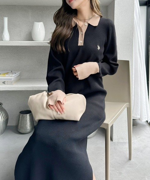 U.S. POLO ASSN.（ユーエスポロアッスン）の「【Ada.別注 U.S. POLO ASSN】配色デザイン ポロ襟 ニットワンピース（ワンピース・レディース・ブラック/グレー/ブラウン・L/M）」の10枚目の写真