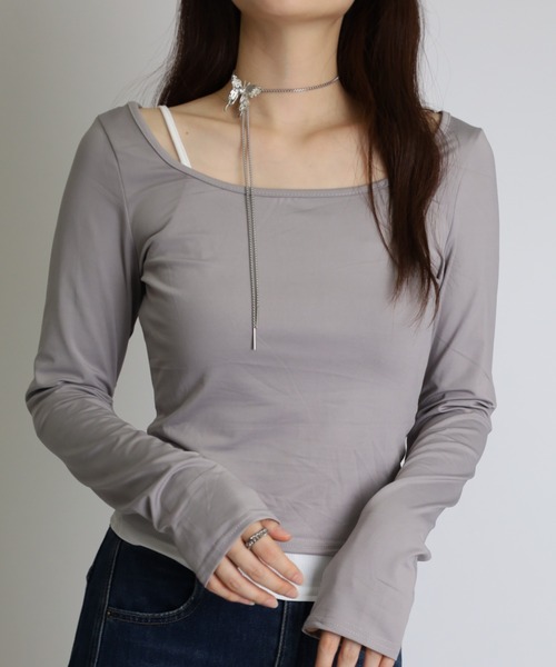 Vini（ヴィニ）の「【2点セット】キャミソール ＋ オフショルダー 長袖 Tシャツ SET（Tシャツ/カットソー・レディース・ブラック/グレー・LARGE/MEDIUM）」の2枚目の写真