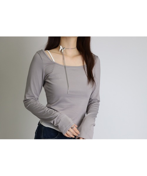 Vini（ヴィニ）の「【2点セット】キャミソール ＋ オフショルダー 長袖 Tシャツ SET（Tシャツ/カットソー・レディース・ブラック/グレー・LARGE/MEDIUM）」の14枚目の写真