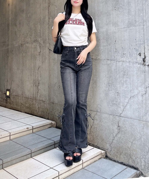 リメイク再構築ブーツカットフレアデニムトラックパンツジップパンツグレージッパー 11／4までの限定価格】【S～Mサイズ】サイドレースアップ