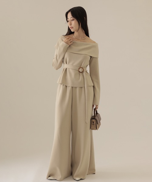 off shoulder belted wide pants setup