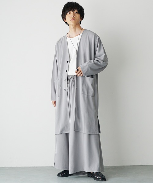 MinoriTY（マイノリティ）の「【MinoriY】2点セット梨地ドレープロングカーディガンセットアップ メンズ 秋服 ロングカーデ+袴パンツ（セットアップ・メンズ・グレー/ブラック・S/M/L）」の2枚目の写真