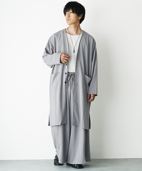 MinoriTY（マイノリティ）の「【MinoriY】2点セット梨地ドレープロングカーディガンセットアップ メンズ 秋服 ロングカーデ+袴パンツ（セットアップ・メンズ・グレー/ブラック・S/M/L）」の4枚目の写真