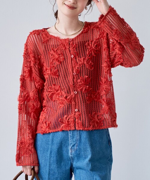 coen（コーエン）の「3Dフラワーメッシュカーディガン（カーディガン/ボレロ・レディース・ダークオレンジ/オフホワイト/ブラック・M/L）」の3枚目の写真