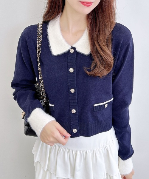 INGNI（イング）の「フェザー襟配色ニットカーディガン（カーディガン/ボレロ・レディース・ブラック×ホワイト/ピンク系7/ネイビー系/ピンク系2/グレー×ホワイト・M）」の4枚目の写真