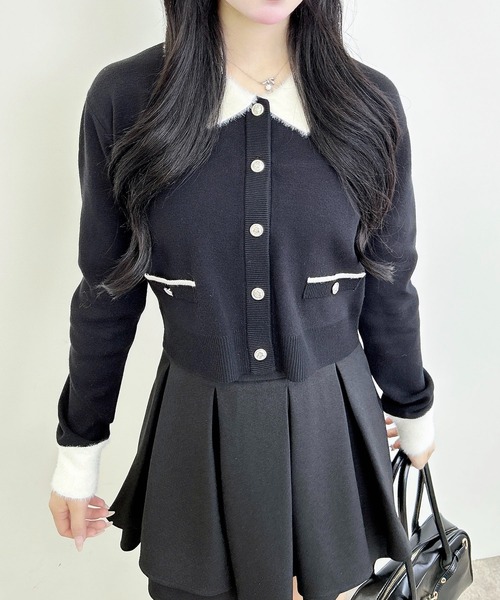 フェザー襟配色ニットカーディガン（カーディガン/ボレロ