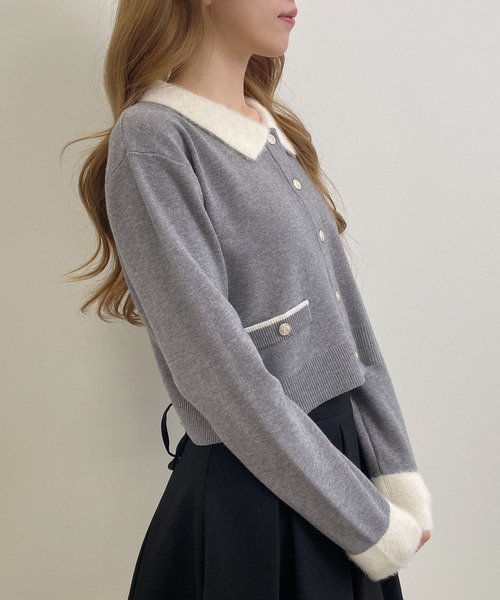 INGNI（イング）の「フェザー襟配色ニットカーディガン（カーディガン/ボレロ・レディース・ブラック×ホワイト/ピンク系7/ネイビー系/ピンク系2/グレー×ホワイト・M）」の8枚目の写真