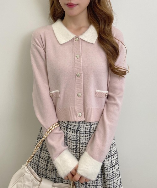 INGNI（イング）の「フェザー襟配色ニットカーディガン（カーディガン/ボレロ・レディース・ブラック×ホワイト/ピンク系7/ネイビー系/ピンク系2/グレー×ホワイト・M）」の12枚目の写真