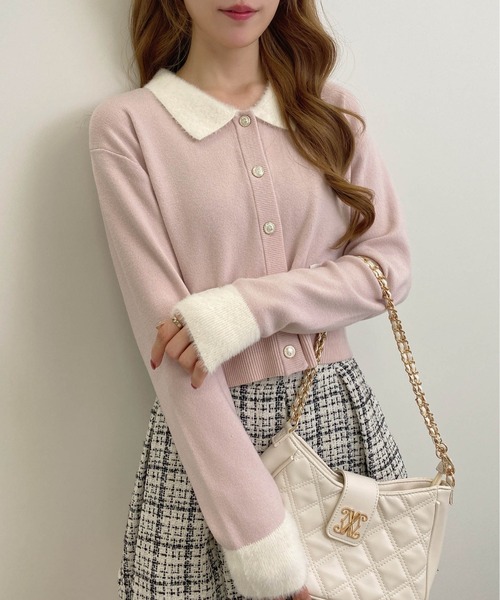 INGNI（イング）の「フェザー襟配色ニットカーディガン（カーディガン/ボレロ・レディース・ブラック×ホワイト/ピンク系7/ネイビー系/ピンク系2/グレー×ホワイト・M）」の13枚目の写真