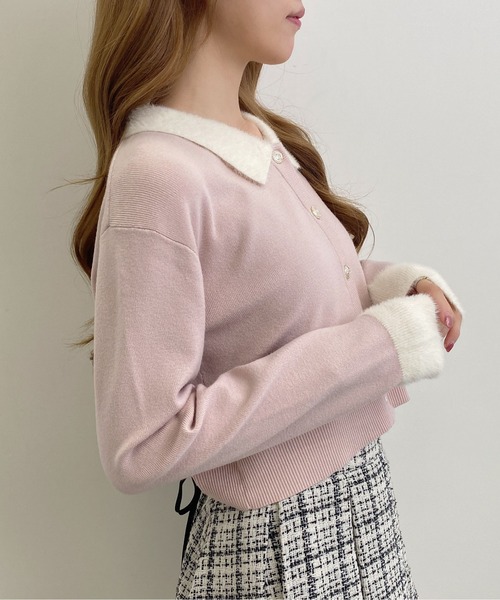 INGNI（イング）の「フェザー襟配色ニットカーディガン（カーディガン/ボレロ・レディース・ブラック×ホワイト/ピンク系7/ネイビー系/ピンク系2/グレー×ホワイト・M）」の14枚目の写真