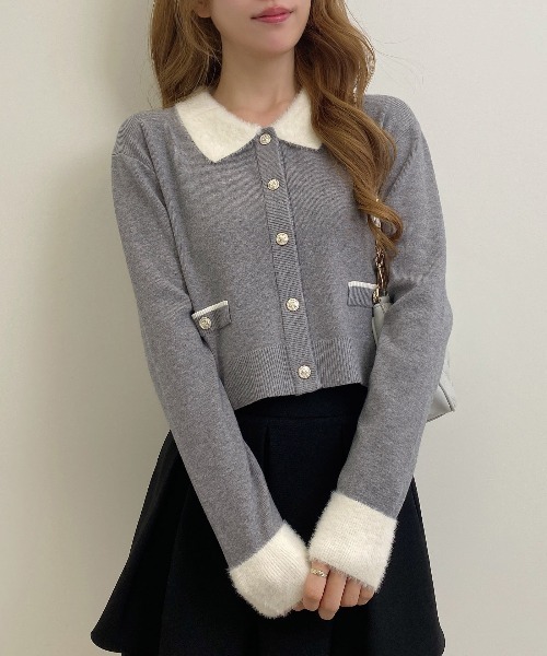 INGNI（イング）の「フェザー襟配色ニットカーディガン（カーディガン/ボレロ・レディース・ブラック×ホワイト/ピンク系7/ネイビー系/ピンク系2/グレー×ホワイト・M）」の6枚目の写真