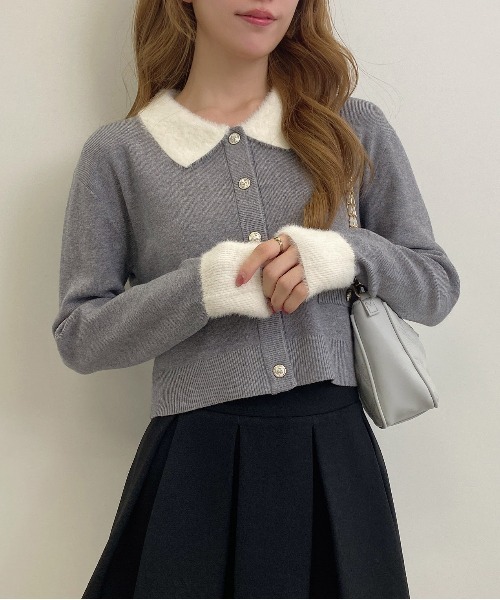 INGNI（イング）の「フェザー襟配色ニットカーディガン（カーディガン/ボレロ・レディース・ブラック×ホワイト/ピンク系7/ネイビー系/ピンク系2/グレー×ホワイト・M）」の7枚目の写真