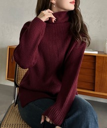 【Eclat one】ドロップショルダー サイドスリット ハイネック リブニット