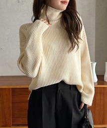 【Eclat one】ドロップショルダー サイドスリット ハイネック リブニット