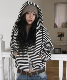 ボーダー柄ダブルジップパーカー[カジュアル 着回し抜群 大人]≪AW新作≫Y2K