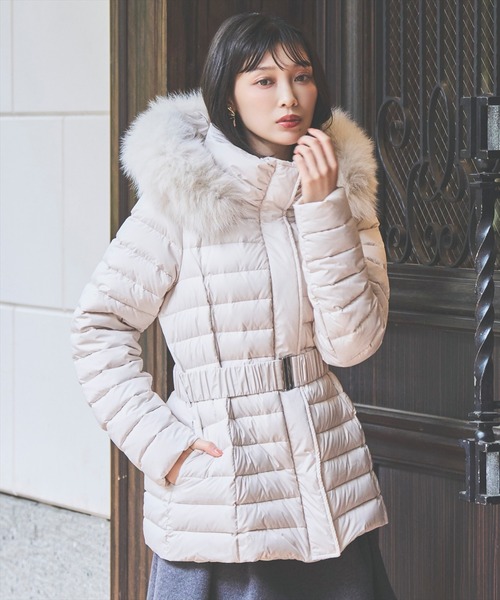 ♡アンドクチュール♡新品タグ付き♡ベージュ♡FOXファーダウンジャケット♡ダウン ベルト付きFOXファーミドル丈ダウン（ダウンジャケット/コート）｜AND