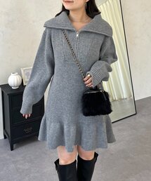 裾フリルハーフジップAラインニット