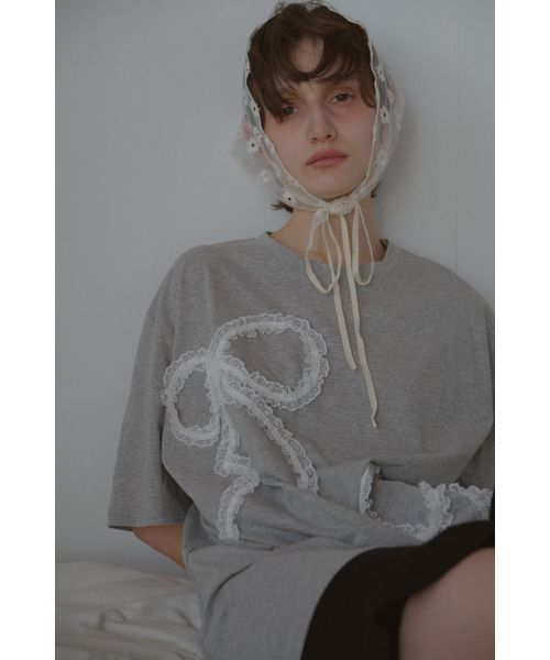 LETERIE(レテリー)の「LR LACE RIBBON T-SHIRT_GREY(Tシャツ/カットソー・レディース・グレー・FREE)」の1枚目の写真