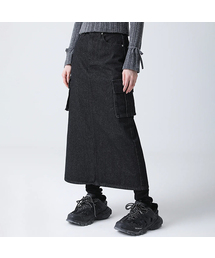Rynn Pocket Slit Denim Long Skirt BLACK