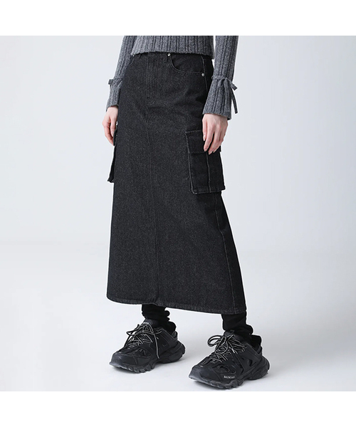 Rynn Pocket Slit Denim Long Skirt BLACK