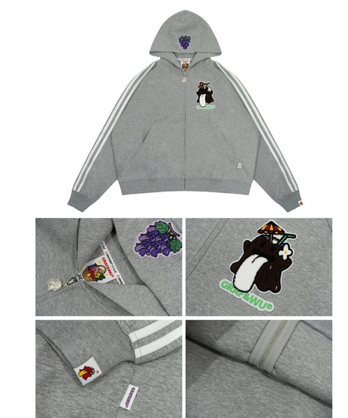 GRAF&WU（グラフアンドユー）の「A'GEM/9 × .kom 『GRAF&WU/グラフアンドユー』 Fruit Party Peach Lychee Banana Cute Ghost Thin Zip-up Hoodie/ラインジップアップキャラパーカー（パーカー・メンズ・グレー/ブラック/ホワイト・XL/L）」の5枚目の写真