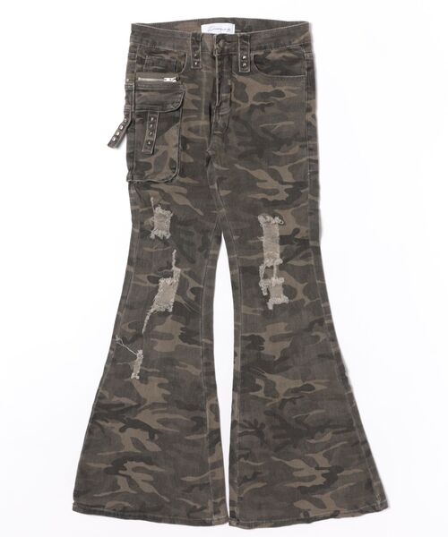 Never mind the XU（ネバーマインドザエックスユー）の「【Never mind the XU】camouflage flare pants / 【ネバーマインド ザ エックスユー】カモフラージュフレアパンツ <着用動画あり>（デニムパンツ・メンズ・グリーン系カモフラージュ・S/M）」の7枚目の写真