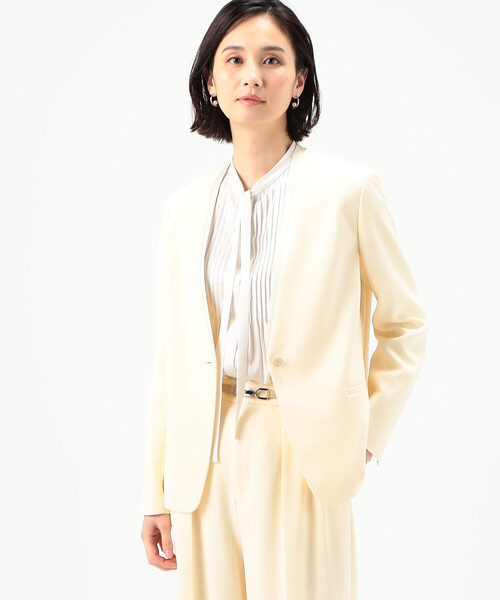 K.T KIYOKO TAKASE(キヨコタカセ)の「〔 Sサイズ 〕 【セットアップ対応】トリアセテートポリエステルダブルクロス ノーカラージャケット(ノーカラージャケット・レディース・アイボリー/ブラック・5号)」の1枚目の写真