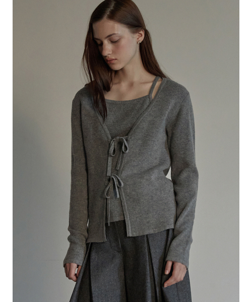 Ribbon layered cardigan - Melange gray