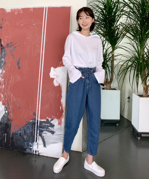 BBAEBBAE（ペッペ）の「ツーボタンウエストバンディングハイウエストバギーフィットデニムパンツ（デニムパンツ・レディース・ブルー・SMALL/MEDIUM/LARGE/X-LARGE）」の5枚目の写真