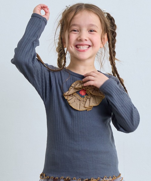 MARKEY'S(マーキーズ)の「サテンフリルリブカットソー(Tシャツ/カットソー・キッズ・グレー/ライトブルー/ピンク・80/90/100/110/120/130/140/150)」の1枚目の写真