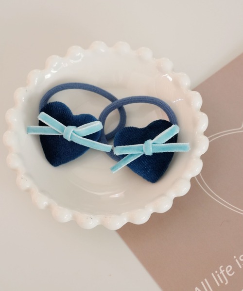 キッズヘアゴム ♡ツイン♡リボン♡ハート♡ミンクファー♡紺 ツインヘアゴム】 キッズ リボン ツインテール ネイビー オーガンジー