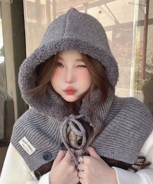 セール】ふわもこフード付きニットスヌード（ネックウォーマー