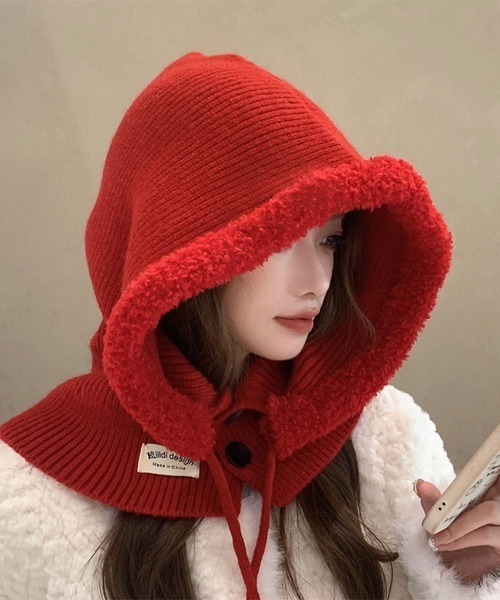 セール】ふわもこフード付きニットスヌード（ネックウォーマー