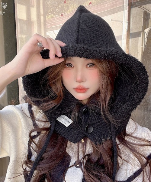 セール】ふわもこフード付きニットスヌード（ネックウォーマー