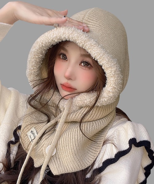 セール】ふわもこフード付きニットスヌード（ネックウォーマー