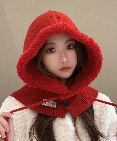 セール】ふわもこフード付きニットスヌード（ネックウォーマー