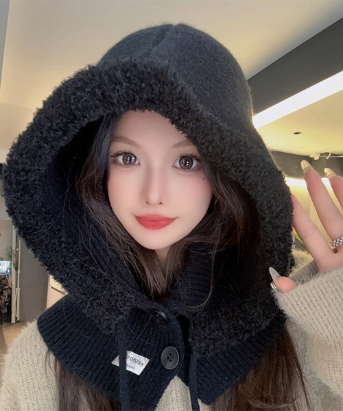 セール】ふわもこフード付きニットスヌード（ネックウォーマー