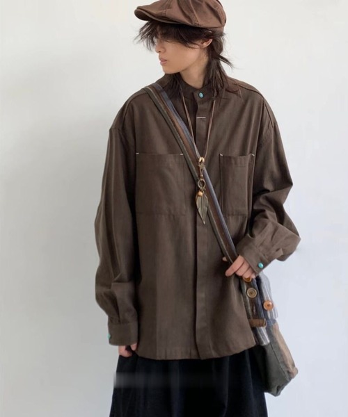 FreeZone(フリーゾーン)の「スタンドカラーオーバーシャツ(シャツ/ブラウス・メンズ・ホワイト/ブラック/ブラウン・F)」の4枚目の写真