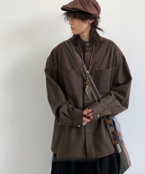 FreeZone(フリーゾーン)の「スタンドカラーオーバーシャツ(シャツ/ブラウス・メンズ・ホワイト/ブラック/ブラウン・F)」の5枚目の写真