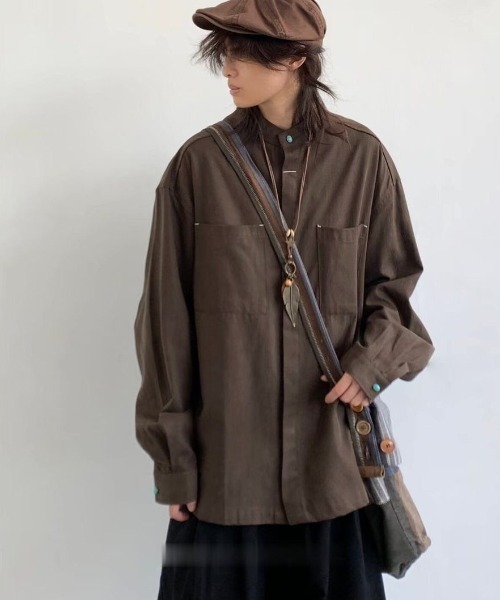 FreeZone(フリーゾーン)の「スタンドカラーオーバーシャツ(シャツ/ブラウス・メンズ・ホワイト/ブラック/ブラウン・F)」の6枚目の写真