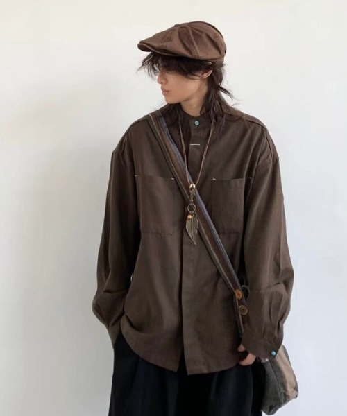 FreeZone(フリーゾーン)の「スタンドカラーオーバーシャツ(シャツ/ブラウス・メンズ・ホワイト/ブラック/ブラウン・F)」の7枚目の写真