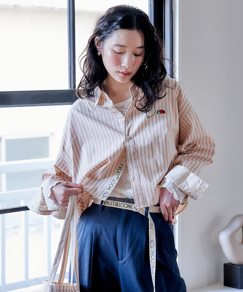 FREAK'S STORE(フリークスストア)の「FRUIT OF THE LOOM × FREAK'S STORE/フルーツオブザルーム 別注 マルチカラー 長袖ショートシャツ/ストライプシャツ/チェックシャツ(シャツ/ブラウス・レディース・グレー/ターコイズブルー/ブラック/サックスブルー/コーラルピンク/グリーン/オレンジ/パープル・フリ-)」の8枚目の写真