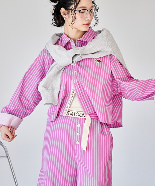 FREAK'S STORE(フリークスストア)の「FRUIT OF THE LOOM × FREAK'S STORE/フルーツオブザルーム 別注 マルチカラー 長袖ショートシャツ/ストライプシャツ/チェックシャツ(シャツ/ブラウス・レディース・グレー/ターコイズブルー/ブラック/サックスブルー/コーラルピンク/グリーン/オレンジ/パープル・フリ-)」の7枚目の写真