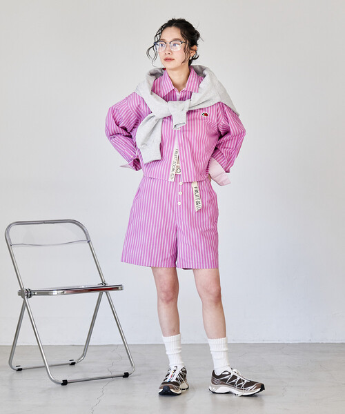 FREAK'S STORE(フリークスストア)の「FRUIT OF THE LOOM × FREAK'S STORE/フルーツオブザルーム 別注 マルチカラー 長袖ショートシャツ/ストライプシャツ/チェックシャツ(シャツ/ブラウス・レディース・グレー/ターコイズブルー/ブラック/サックスブルー/コーラルピンク/グリーン/オレンジ/パープル・フリ-)」の11枚目の写真