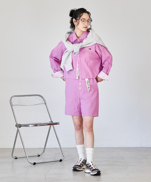 FREAK'S STORE(フリークスストア)の「FRUIT OF THE LOOM × FREAK'S STORE/フルーツオブザルーム 別注 マルチカラー 長袖ショートシャツ/ストライプシャツ/チェックシャツ(シャツ/ブラウス・レディース・グレー/ターコイズブルー/ブラック/サックスブルー/コーラルピンク/グリーン/オレンジ/パープル・フリ-)」の12枚目の写真